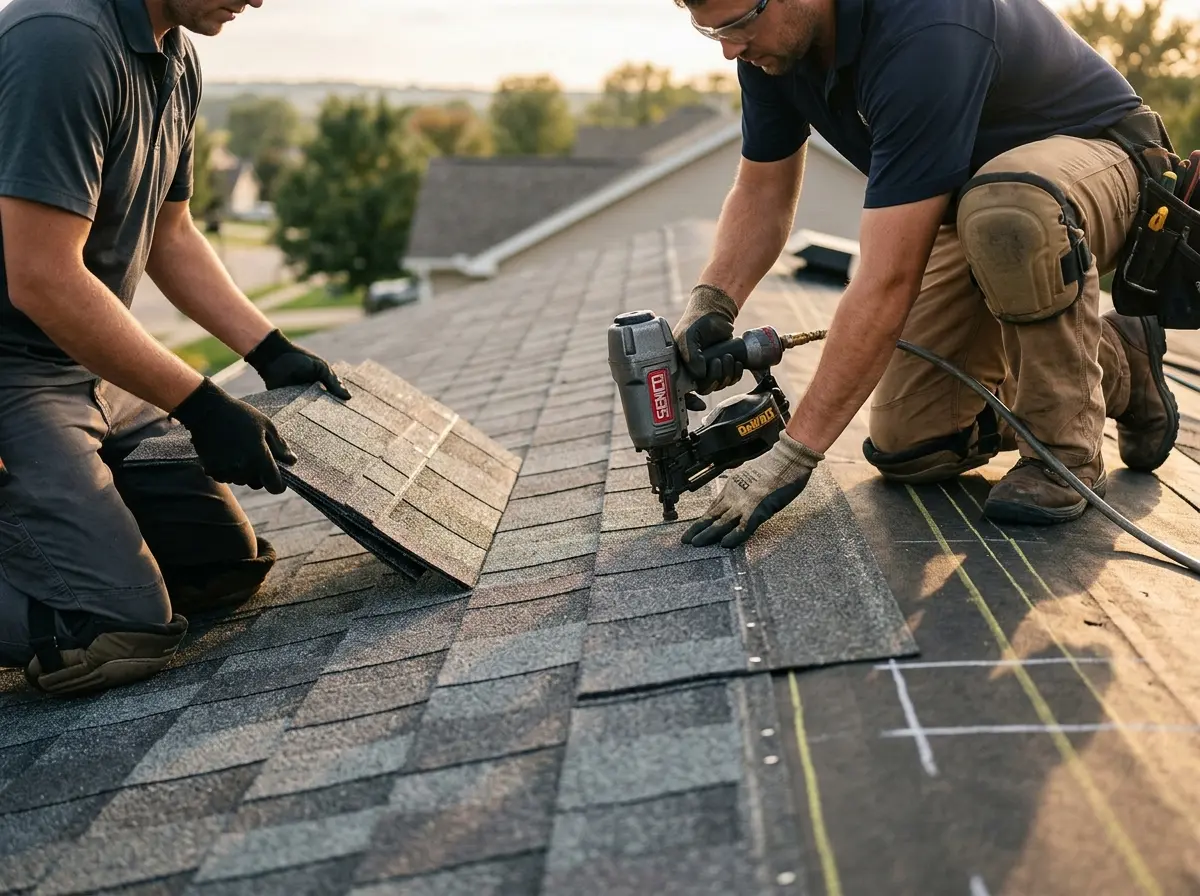 Professional roofer working on a residential roof in Travilah